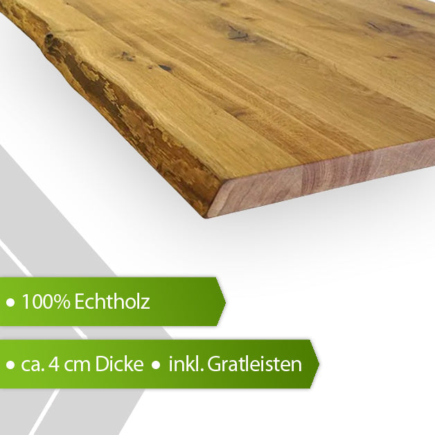 Massive Eiche Tischplatte 160 × 80 cm – mit Baumkante & Gratleisten, vorgeölt