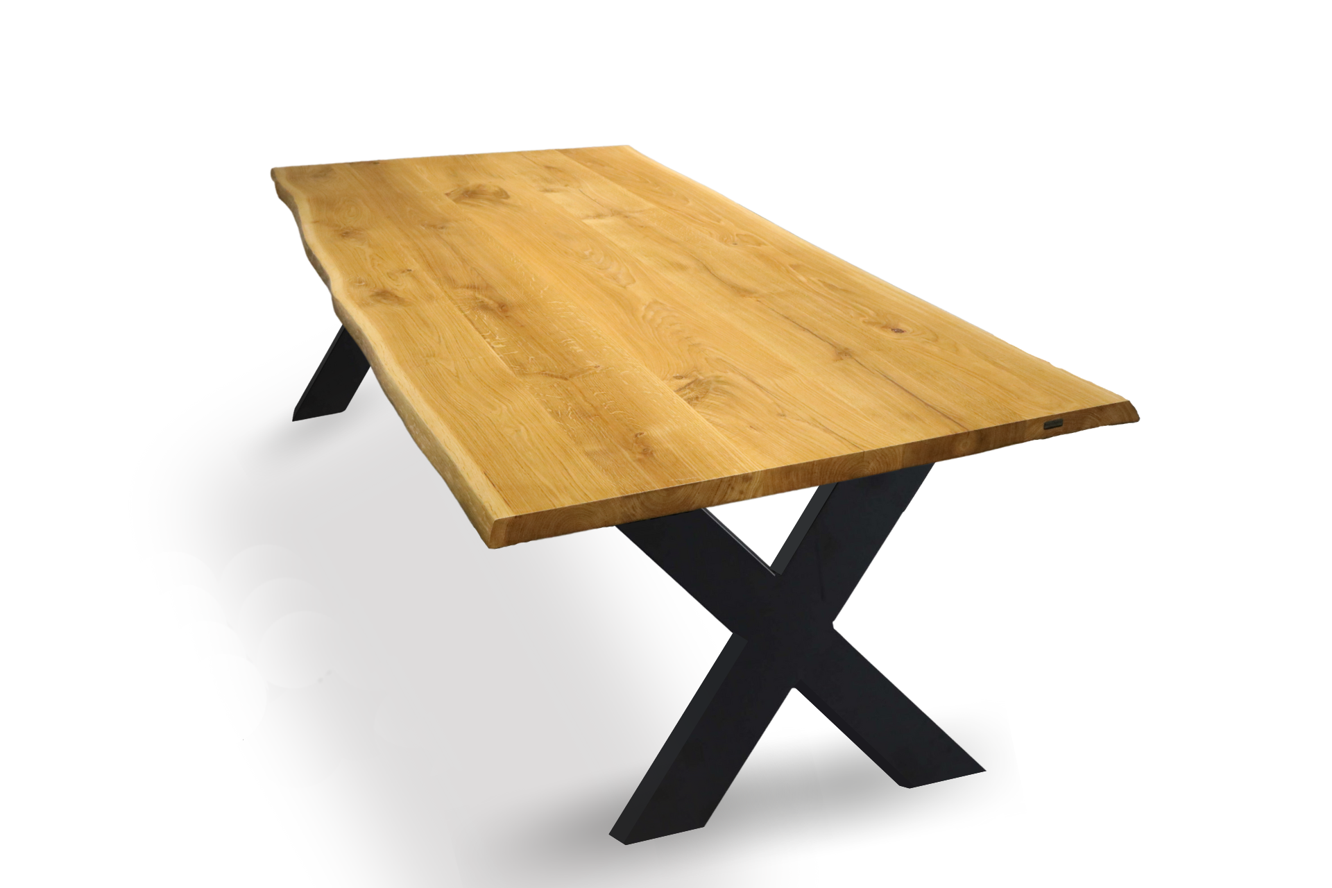 Tischplatte 220x85 cm mit Baumkante aus massiver Eiche inkl. X-Tischbeine