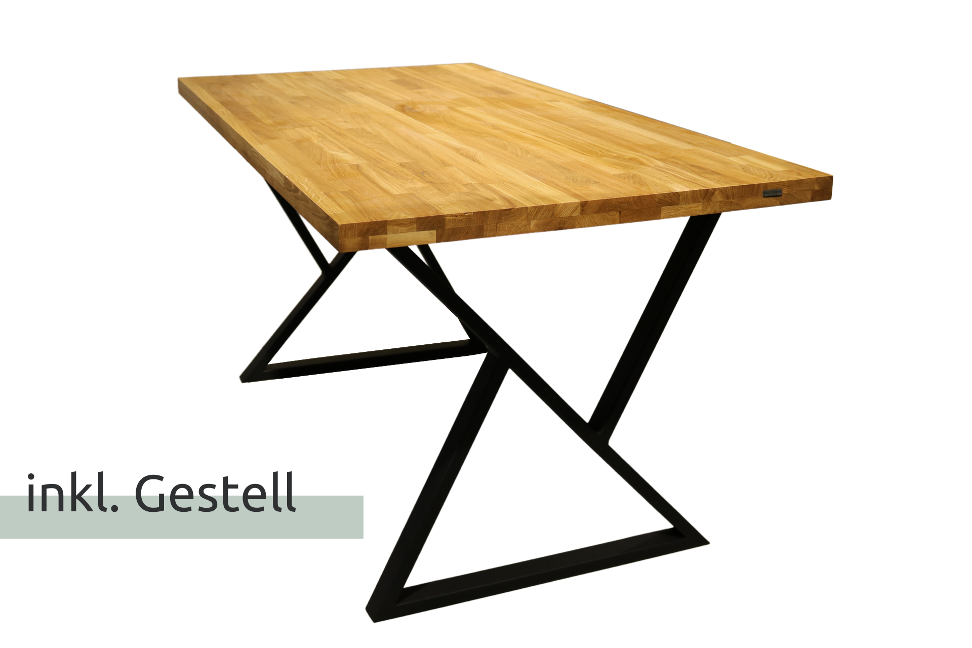Tischplatte 200 x 100 cm ohne Baumkante aus massiver Eiche mit Aufdopplung am Rand - Doppel-Dreieck Gestell